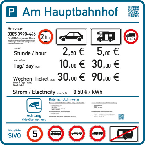 Preise Parkplatz am Hauptbahnhof PKW/Wohnwagen