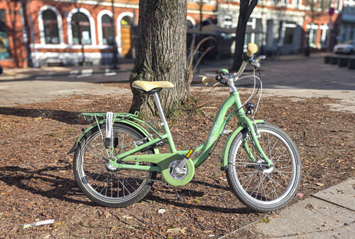 kurzes Lastenfahrrad am Baumstamm